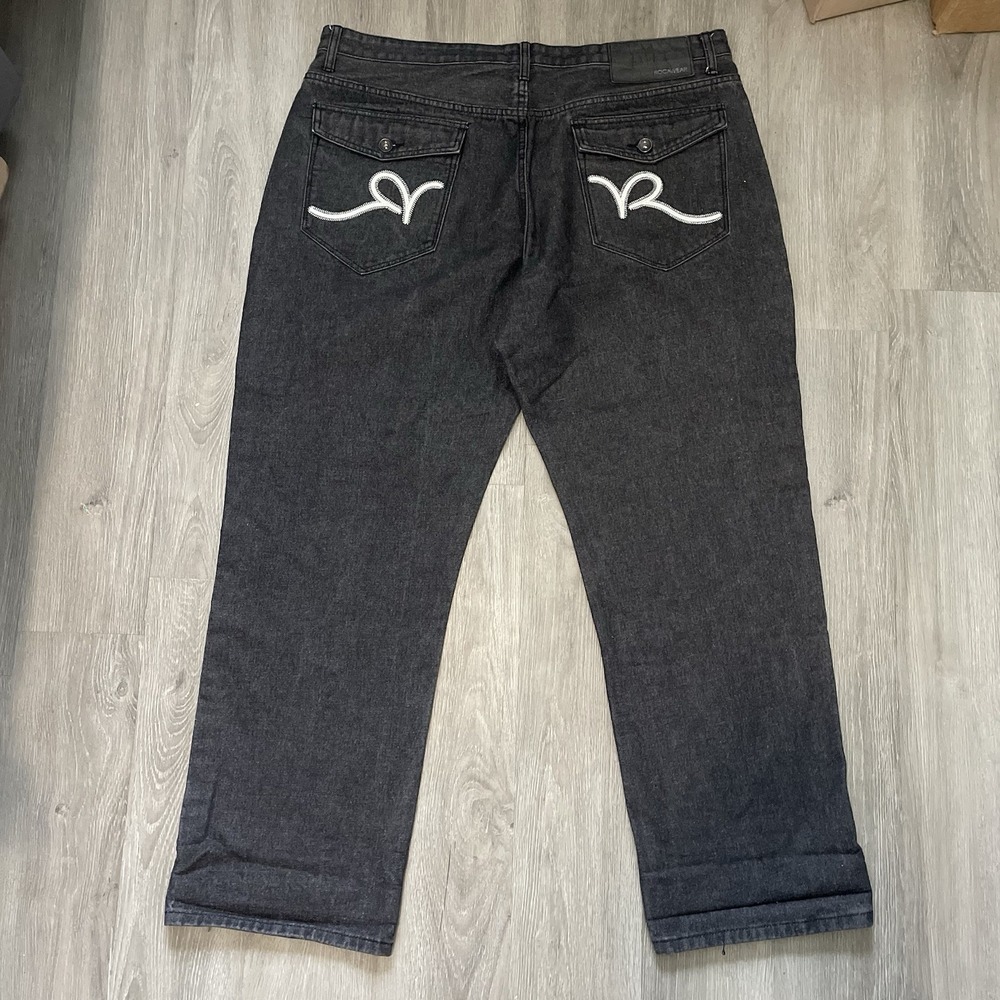 Rocawear Classic Fit Size W42 Script Logo Dark Denim Jeans Y2K White Accents